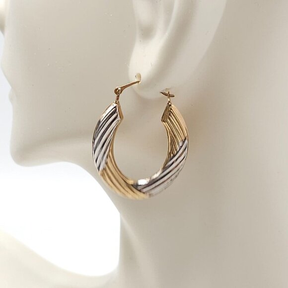 10K Gold Bonded Sterling Silver Two-Tone Twist Oval Hoop Earrings - Picture 2 of 7